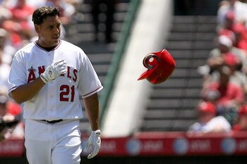 ANAHEIM, CA - AUGUST 09:  Juan Rivera #21 of the Los Angeles Angels of Anaheim reacts after striking out in the third inning during the game against the New York Yankees on August 9, 2008 at Angels Stadium in Anaheim, California.  (Photo by Jonathan Moore