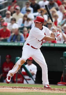 JUPITER, FL - FEBRUARY 25:  Colby Rasmus #28 of the St. Louis Cardinals bats against the Florida Marlins during a spring training game at Roger Dean Stadium on February 25, 2009 in Jupiter, Florida. The Marlins and the Mets played to a 5-5 tie in 10 innin