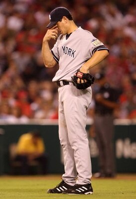 ANAHEIM, CA - SEPTEMBER 08:  Pitcher Carl Pavano #45 of the New York Yankees reacts after being called for a balk in the fifth inning against the Los Angeles Angels of Anaheim on September 8, 2008 at Angel Stadium in Anaheim, California.  (Photo by Stephe