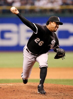 ST PETERSBURG, FL - OCTOBER 02:  Relief pitcher Octavio Dotel #26 of the Chicago White Sox pitches against the Tampa Bay Rays in Game 1 of the American Leaugue Divisional Series at Tropicana Field on October 2, 2008 in St. Petersburg, Florida. The Rays de