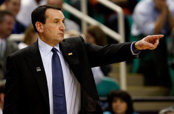 GREENSBORO, NC - MARCH 19:  Head coach Mike Krzyzewski of the Duke Blue Devils directs his team against the Binghamton Bearcats during the first round of the NCAA Division I Men's Basketball Tournament at the Greensboro Coliseum on March 19, 2009 in Green
