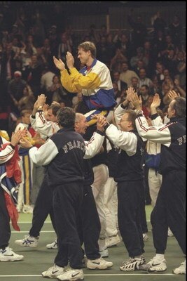 29 Nov 1996:  The French team hold Stefan Edberg of Sweden aloft after France beat Sweden 3-2 to win the Davis Cup in Malmo, Sweden. Edberg played his last competitive match against Cedric Pioline of France. Pioline beat Edberg 6-3, 6-4, 6-3. Mandatory Cr