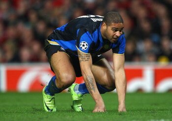 MANCHESTER, UNITED KINGDOM - MARCH 11:  Adriano of Inter Milan looks on dejectedly during the UEFA Champions League Round of Sixteen, Second Leg match between Manchester United and Inter Milan at Old Trafford on March 11, 2009 in Manchester, England.  (Ph