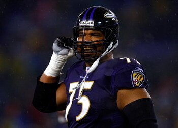 BALTIMORE - DECEMBER 30:  Jonathan Ogden #75 of the Baltimore Ravens unbuckles his helmet during the game against the Pittsburgh Steelers at M&T Bank Stadium December 30, 2007 in Baltimore, Maryland.  (Photo by Jamie Squire/Getty Images)