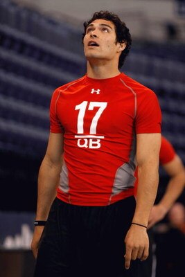 INDIANAPOLIS, IN - FEBRUARY 22:  Quarterback Mark Sanchez of USC stands prior to performing the vertical leap during the NFL Scouting Combine presented by Under Armour at Lucas Oil Stadium on February 22, 2009 in Indianapolis, Indiana. (Photo by Scott Boe
