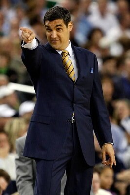 DETROIT - APRIL 04:  Head coach Jay Wright of the Villanova Wildcats reacts from the sideline while taking on the North Carolina Tar Heels during the National Semifinal game of the NCAA Division I Men's Basketball Championship at Ford Field on April 4, 20