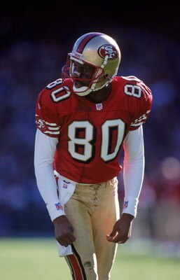 21 Nov 1999: Jerry Rice #80 of the San Francisco 49ers gets ready to move at the snap during a game against the St. Louis Rams at the 3Comm Park in San Francisco, California. The Rams defeated the 49ers 23-7. Mandatory Credit: Donald Miralle  /Allsport