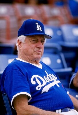 393317 01: (FILE PHOTO) Former Los Angeles Dodgers manager Tommy Lasorda watches a spring training game against the Atlanta Braves at the Holman Stadium March 1, 1998 in Vero Beach, FL. Lasorda was released from a Chester County hospital in Pennsylvania A