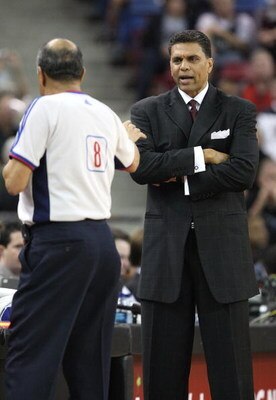 SACRAMENTO, CA - NOVEMBER 29:  Head coach Reggie Theus of the Sacramento Kings argues with a referee during their game against the Dallas Mavericks on November 29, 2008 at ARCO Arena in Sacramento, California. NOTE TO USER: User expressly acknowledges and