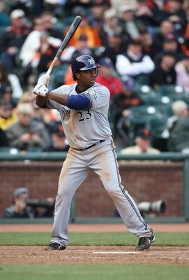 SAN FRANCISCO - APRIL 07:  Rickie Weeks #23 of the Milwaukee Brewers bats against the San Francisco Giants during Opening Day of the Major League Baseball season on April 7, 2009 at AT&T Park in San Francisco, California.  (Photo by Jed Jacobsohn/Getty Im