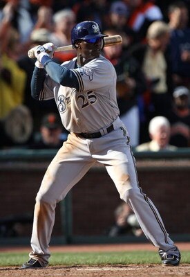 SAN FRANCISCO - APRIL 07: Mike Cameron #25 of the Milwaukee Brewers bats against the San Francisco Giants during Opening Day of the Major League Baseball season on April 7, 2009 at AT&T Park in San Francisco, California.  (Photo by Jed Jacobsohn/Getty Ima