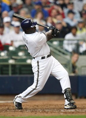 MILWAUKEE - APRIL 04: Bill Hall #2 of the Milwaukee Brewers hits his second home run of the game, a three-run shot in the 5th inning, against the San Francisco Giants during the Opening Day game on April 4, 2008 at Miller Park in Milwaukee, Wisconsin. (Ph