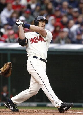 CLEVELAND - APRIL 10:  Travis Hafner #48 of the Cleveland Indians hits a home run against the Toronto Blue Jays in the third inning April 10, 2009 at Progressive Field in Cleveland, Ohio.  (Photo by Matt Sullivan/Getty Images)