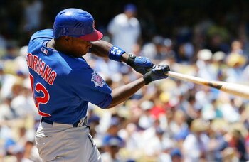 LOS ANGELES - JUNE 07:   Alfonso Soriano #12 of the Chicago Cubs flies out in the third inning against the Los Angeles Dodgers at Dodger Stadium June 7, 2008 in Los Angeles, California. The Dodgers defeated the Cubs 7-3.  (Photo by Lisa Blumenfeld/Getty I