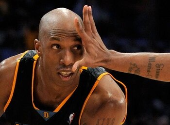 LOS ANGELES, CA - APRIL 9:  Chauncey Billups #7 of the Denver Nuggets has his vision blocked by Kobe Bryant #24 of the Los Angeles Lakers at Staples Center April 9, 2009 in Los Angeles, California.  NOTE TO USER: User expressly acknowledges and agrees tha