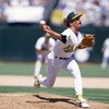 OAKLAND, CA - JULY 4:  Pitcher Dennis Eckersley #43 of the Oakland Athletics delivers against the Milwaukee Brewers during the game at the Oakland-Alameda County Coliseum on July 4, 1995 in Oakland, California.  The Athletics won 5-3.  (Photo by Jed Jacob