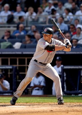 NEW YORK - APRIL 17:  Travis Hafner #48 of the Cleveland Indians bats against the New York Yankees at Yankee Stadium on April 17, 2009 in the Bronx borough of New York City.  (Photo by Ezra Shaw/Getty Images)