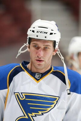ANAHEIM, CA - DECEMBER 10:  B.J. Crombeen #26 of the St. Louis Blues warms up before the game against the Anaheim Ducks at the Honda Center on December 10, 2008 in Anaheim, California. (Photo by: Jeff Gross/Getty Images)