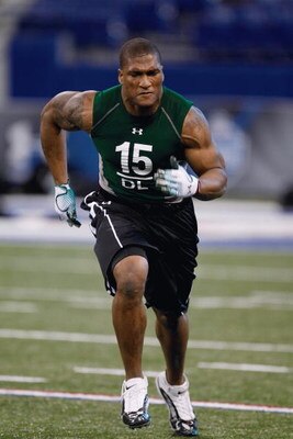 INDIANAPOLIS, IN - FEBRUARY 23:  Defensive lineman Larry English of Northern Illinois runs during the NFL Scouting Combine presented by Under Armour at Lucas Oil Stadium on February 23, 2009 in Indianapolis, Indiana. (Photo by Scott Boehm/Getty Images)