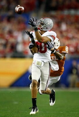 GLENDALE, AZ - JANUARY 05:  Wide receiver Brian Robiskie #80 of the Ohio State Buckeyes is unable to catch a pass under pressure from Chykie Brown #8 of the Texas Longhorns during the first quarter of the Tostitos Fiesta Bowl Game on January 5, 2009 at Un