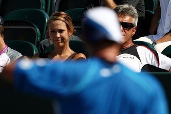 KEY BISCAYNE, FL - MARCH 29:   Bec Hewitt watches her husband Lleyton Hewitt of Australia take on Jose Acasuso of Argentina during day six of the Sony Ericsson Open at the Crandon Park Tennis Center on March 29, 2008 in Key Biscayne, Florida.  (Photo by C