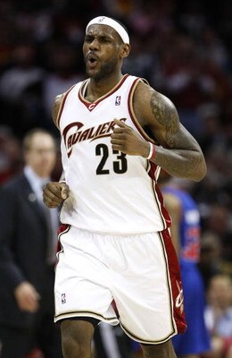 CLEVELAND - APRIL 21:  LeBron James #23 of the Cleveland Cavaliers reacts after a first quarter play while playing the Detroit Pistons in Game Two of the Eastern Conference Quarterfinals during the 2009 NBA Playoffs at Quicken Loans Arena on April 21, 200