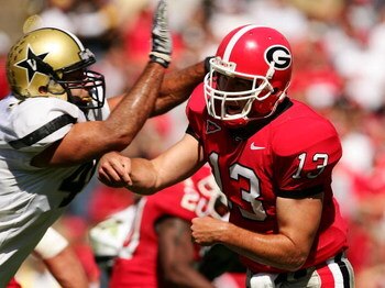 ATHENS, GA- OCTOBER 14:  Joe Tereshinski, #13 of Georgia is hit by a Vanderbilt defender after throwing a pass during their game at Sanford Stadium on October 14, 2006 in Athens, Georgia.  (Photo by Scott Halleran/Getty Images)