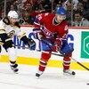 MONTREAL- APRIL 20:  Josh Gorges #26 of the Montreal Canadiens skates with the puck while being forechecked by Mark Recchi #28 of the Boston Bruins during Game Three of the Eastern Conference Quarterfinals of the 2009 Stanley Cup Playoffs at the Bell Cent
