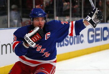 NEW YORK - APRIL 07:  Chris Drury #23 of the New York Rangers celebrates his second period goal against the Montreal Canadiens on April 7, 2009 at Madison Square Garden in New York City.  (Photo by Jim McIsaac/Getty Images)