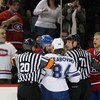 MONTREAL- JANUARY 8:  Guillaume Latendresse #84 and Mike Komisarek #8 of the Montreal Canadiens exchange words with former team mate Mikhail Grabovski #84 of the Toronto Maple Leafs at the Bell Centre on January 08, 2009 in Montreal, Quebec, Canada.   (Ph