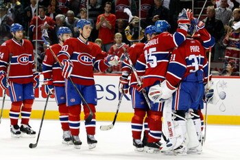 MONTREAL- APRIL 22:  Members of the Montreal Canadiens skate out to Carey Price #31 after being defeated 4-1 by the Boston Bruins after Game Four of the Eastern Conference Quarterfinals of the 2009 Stanley Cup Playoffs at the Bell Centre on April 22, 2009