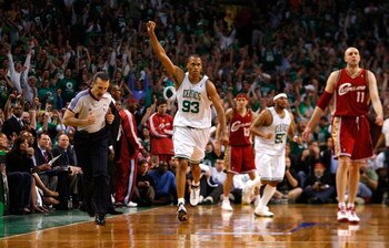 BOSTON - MAY 18:  P.J. Brown #93 of the Boston Celtics celebrates as he runs back on defense against the Cleveland Cavaliers in Game Seven of the Eastern Conference Semifinals during the 2008 NBA Playoffs at the TD Banknorth Garden May 18, 2008 in Boston,