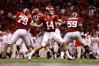 NEW ORLEANS - JANUARY 02:  Quarterback John Parker Wilson #14 of the Alabama Crimson Tide throws the ball in the fourth quarter while taking on the Utah Utes during the 75th Allstate Sugar Bowl at the Louisiana Superdome on January 2, 2009 in New Orleans,