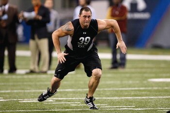 INDIANAPOLIS, IN - FEBRUARY 21:  Offensive lineman Lydon Murtha of Nebraska runs in practice drills during the NFL Scouting Combine presented by Under Armour at Lucas Oil Stadium on February 21, 2009 in Indianapolis, Indiana. (Photo by Scott Boehm/Getty I