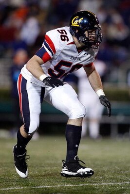 MOBILE, AL - JANUARY 24:  Zack Follett #56 of North Team runs against the South Team during the Under Armour Senior Bowl on January 24, 2009 at Ladd-Peebles Stadium in Mobile, Alabama.  (Photo by Chris Graythen/Getty Images for Under Armour)