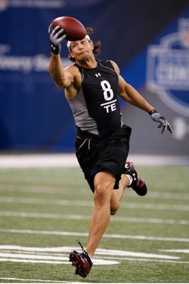 INDIANAPOLIS, IN - FEBRUARY 21:  Tight end Dan Gronkowski of Maryland catches the football in passing drills during the NFL Scouting Combine presented by Under Armour at Lucas Oil Stadium on February 21, 2009 in Indianapolis, Indiana. (Photo by Scott Boeh
