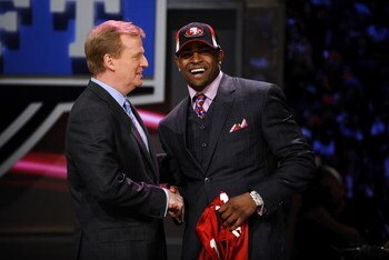 NEW YORK - APRIL 25: NFL Commissioner Roger Goodell poses with with San Francisco 49ers #10 draft pick Michael Crabtree at Radio City Music Hall for the 2009 NFL Draft on April 25, 2009 in New York City (Photo by Jeff Zelevansky/Getty Images)