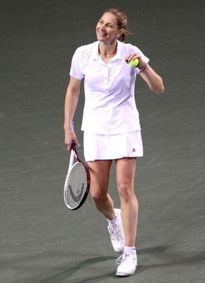 TOKYO - MARCH 15:  Steffi Graf reacts to the audience in her match against Martina Navratilova during the Dream Match 2008 at Ariake Colosseum on March 15, 2008 in Tokyo, Japan. Dream Match 2008 is an exhibition where 3 tennis players, Steffi Graf, Kimiko