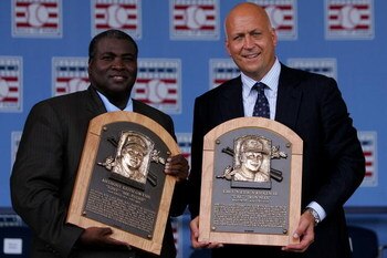 COOPERSTOWN, NY - JULY 29:  2007 inductee's Tony Gwynn (L) and Cal Ripken Jr. pose with their plaques  at Clark Sports Center during the Baseball Hall of Fame induction ceremony on July 29, 2007 in Cooperstown, New York.   (Photo by Chris McGrath/Getty Im