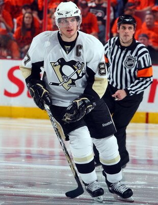 PHILADELPHIA - APRIL 25:  Sidney Crosby #87 of the Pittsburgh Penguins skates against the Philadelphia Flyers during Game Six of the Eastern Conference Quarterfinal Round of the 2009 NHL Stanley Cup Playoffs  at the Wachovia Center on April 25, 2009 in Ph