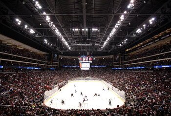 GLENDALE, AZ - APRIL 11:  General view of action between the Anaheim Ducks and the Phoenix Coyotes during the NHL game at Jobing.com Arena on April 11, 2009 in Glendale, Arizona. The Coyotes defeated the Ducks in 5-4 in an overtime shootout.  (Photo by Ch