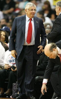 ATLANTA - APRIL 29:  NBA Commissioner David Stern greets fans courtside as the Miami Heat take on the Atlanta Hawks during Game Five of the Eastern Conference Quarterfinals at Philips Arena on April 29, 2009 in Atlanta, Georgia. NOTE TO USER: User express
