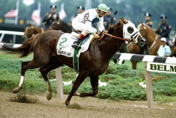 Pat Day rides Tabasco Cat to victory in the Belmont Stakes at Belmont Park in Belmont, New York.
