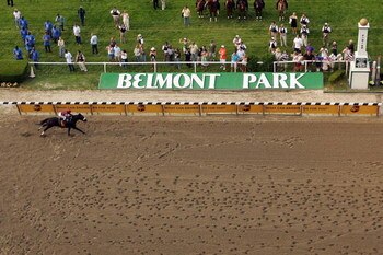 ELMONT, NY - JUNE 07:  Da'Tara ridden by jockey Alan Garcia comes down the final stretch on his way to winning the 140th running of the Belmont Stakes at Belmont Park on June 7, 2008 in Elmont, New York.  (Photo by Al Bello/Getty Images)