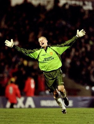 14 Apr 1999:  Manchester United keeper Peter Schmeichel celebrates a goal in the FA Cup semi-final replay against Arsenal at Villa Park in Birmingham, England. Schmeichel saved a crucial penalty as United won 2-1 after extra-time. \ Mandatory Credit: Cliv