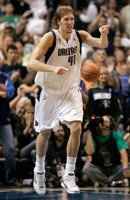 DALLAS - JUNE 20:  Dirk Nowitzki #41 of the Dallas Mavericks celebrates a basket in the second quarter against the Miami Heat in game six of the 2006 NBA Finals on June 20, 2006 at American Airlines Center in Dallas, Texas.  NOTE TO USER: User expressly a