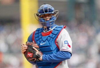 DETROIT - APRIL 10:  Catcher Jarrod Saltalamacchia #21 of the Texas Rangers looks on against the Detroit Tigers during Opening Day on April 10, 2009 at Comerica Park in Detroit, Michigan. Detroit won the game 15-2. (Photo by Gregory Shamus/Getty Images)