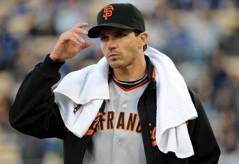 LOS ANGELES, CA - APRIL 16:  Barry Zito #75 of the San Francisco Giants makes his way to the pitchers mound before the game against the Los Angeles Dodgers at Dodger Stadium on April 16, 2009 in Los Angeles, California.  (Photo by Harry How/Getty Images)