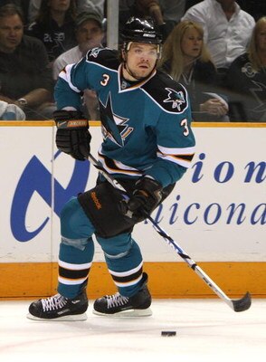 SAN JOSE, CA - MARCH 28:  Douglas Murray #3 of the San Jose Sharks skates against the Phoenix Coyotes during an NHL game on March 28, 2009 at HP Pavilion at San Jose in San Jose, California.  (Photo by Jed Jacobsohn/Getty Images)