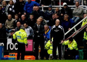 NEWCASTLE, UNITED KINGDOM - APRIL 27:  Caretaker manager Alan Shearer (centre L) and coach Iain Dowie (centre R) of Newcastle look on at the final whistle after the Barclays Premier League match between Newcastle United and Portsmouth at St James' Park on